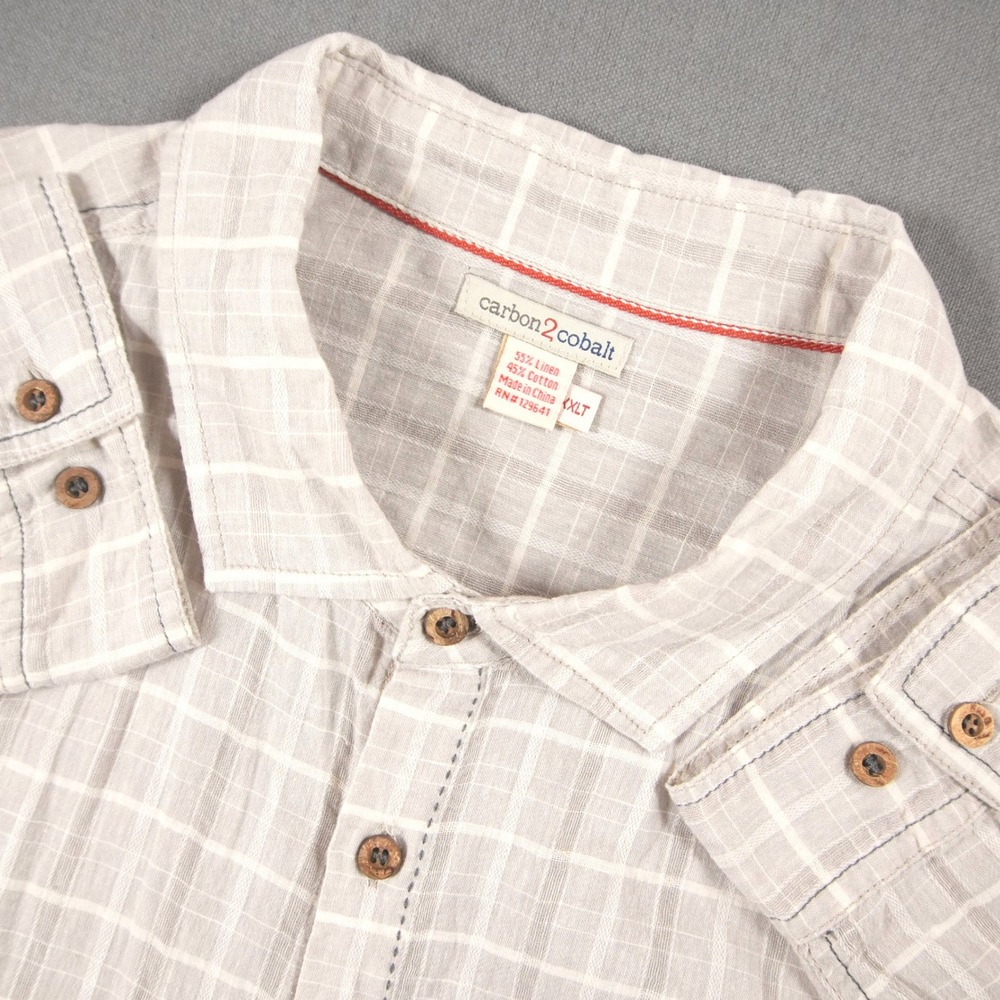 Carbon 2 Cobalt Linen Cotton Grid Vacation Men Long Sleeve Shirt XXLT Tall